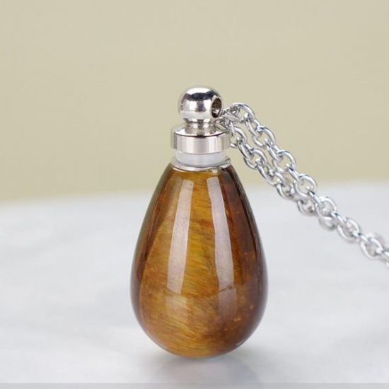 Picture of (Grade A) Tiger's Eyes ( Natural ) Necklace Silver Tone Brown Drop Essential Oil Bottle 70cm(27 4/8") long, 1 Piece