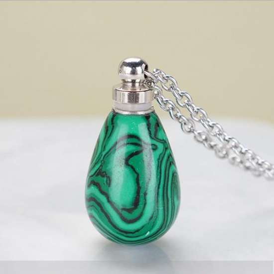 Picture of (Grade B) Malachite ( Synthetic ) Necklace Silver Tone Green Drop Essential Oil Bottle 70cm(27 4/8") long, 1 Piece