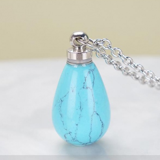 Picture of (Grade B) Turquoise ( Synthetic ) Necklace Silver Tone Blue Drop Essential Oil Bottle 70cm(27 4/8") long, 1 Piece