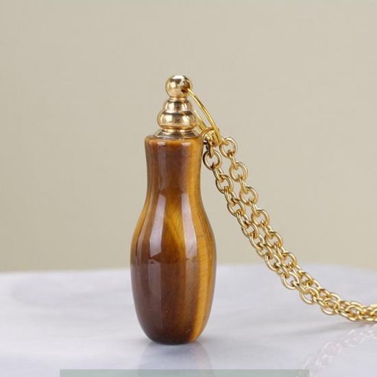 Picture of (Grade A) Tiger's Eyes ( Natural ) Necklace Gold Plated Brown Essential Oil Bottle 70cm(27 4/8") long, 1 Piece