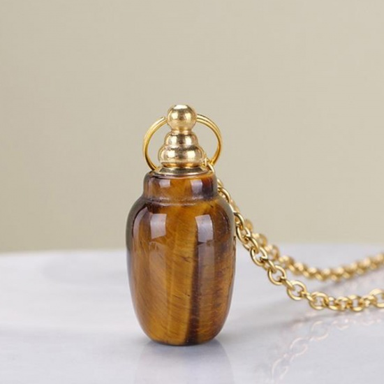 Picture of (Grade A) Tiger's Eyes ( Natural ) Necklace Gold Plated Brown Essential Oil Bottle 70cm(27 4/8") long, 1 Piece