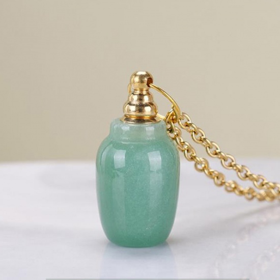 Picture of (Grade A) Green Aventurine ( Natural ) Necklace Gold Plated Light Green Essential Oil Bottle 70cm(27 4/8") long, 1 Piece