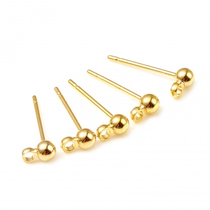 Picture of Copper Ear Post Stud Earrings 18K Real Gold Plated Ball W/ Loop 5mm x 3mm, Post/ Wire Size: (21 gauge), 10 PCs