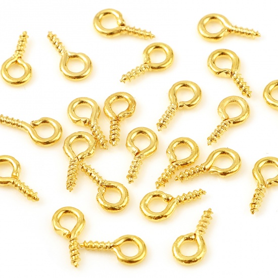 Picture of Copper Screw Eyes Bails Top Drilled Findings 18K Real Gold Plated Plating Needle Thickness: 1.2mm, 8mm x 4mm, 10 PCs