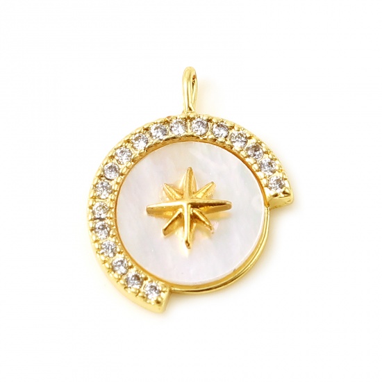 Picture of Shell & Copper Galaxy Charms Irregular 18K Real Gold Plated White Star Micro Pave Clear Rhinestone 14mm x 11mm, 1 Piece