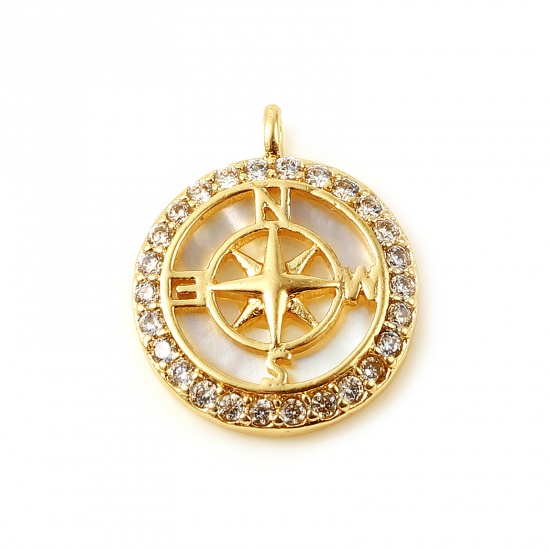 Picture of Copper Travel Charms Round 18K Real Gold Plated Compass Micro Pave Clear Rhinestone 15mm x 13mm, 1 Piece