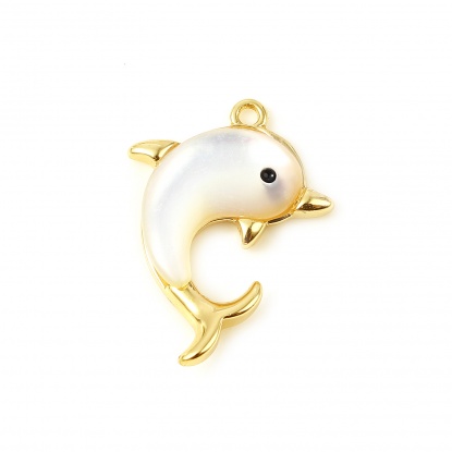 Picture of Shell & Copper Ocean Jewelry Charms Dolphin Animal 18K Real Gold Plated White 17mm x 12mm, 1 Piece