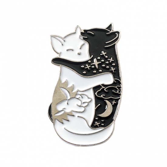 Picture of Pin Brooches Cat Animal Black & White Enamel 38mm x 20mm, 1 Piece