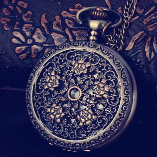 Bild von Taschenuhr Uhr (inkl. Batterie) Rund Bronzefarbe Blumen Muster 1 Stück