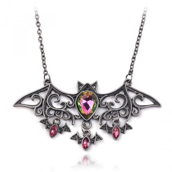 Picture of Halloween Necklace Antique Silver Halloween Bat Animal Red Rhinestone 1 Piece
