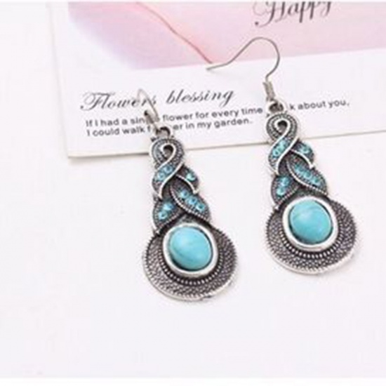 Picture of Earrings Green Blue Calabash Imitation Turquoise 55mm x 20mm, 1 Pair