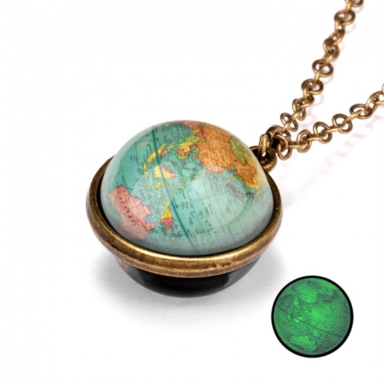 Picture of Zinc Based Alloy & Glass Double Sided Necklace Antique Bronze Planet Glow In The Dark 50cm(19 5/8") long, 1 Piece