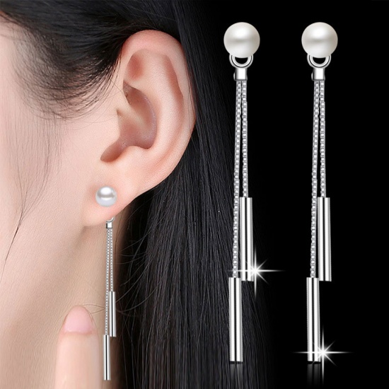 Picture of Copper Earrings Platinum Color White Imitation Pearl 6cm, 1 Pair