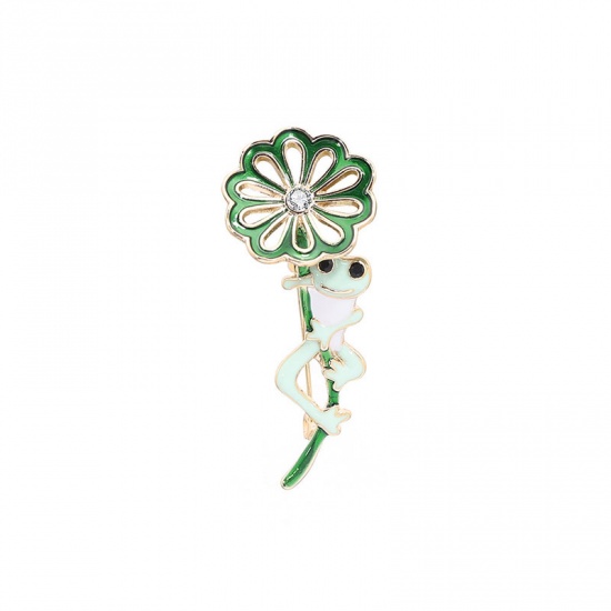 Picture of Pin Brooches Lotus Leaf Frog Green Clear Rhinestone 5.7cm x 2.4cm, 1 Piece