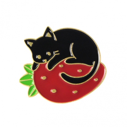 Picture of Pin Brooches Strawberry Fruit Cat Black & Red Enamel 3cm x 2.8cm, 1 Piece