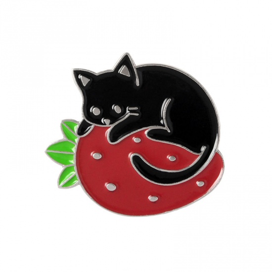Picture of Pin Brooches Strawberry Fruit Cat Black & Red Enamel 3cm x 2.8cm, 1 Piece
