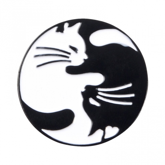 Picture of Pin Brooches Round Cat Black & White Enamel 3cm Dia., 1 Piece
