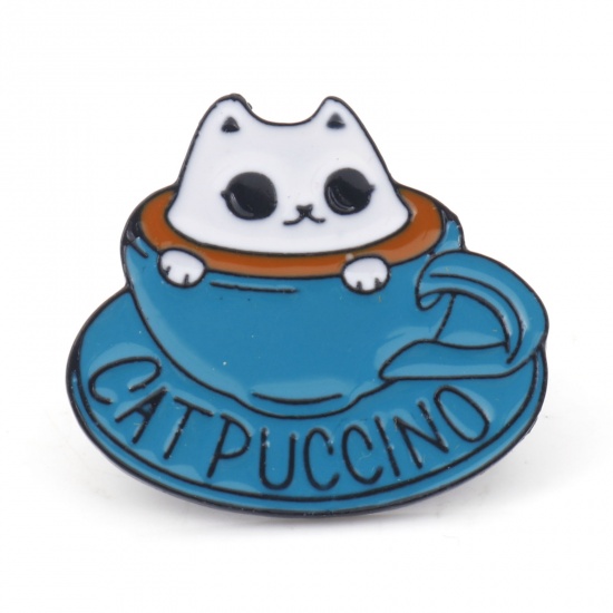 Picture of Pin Brooches Cup Cat Light Blue Enamel 28mm x 25mm, 1 Piece