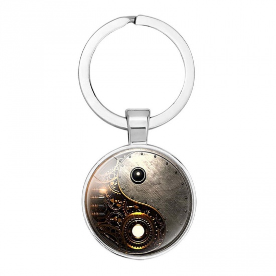 Picture of Zinc Based Alloy & Glass Keychain & Keyring Silver Tone Gray Gear Yin Yang Symbol 5.3cm, 1 Piece