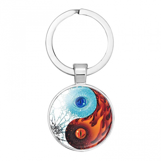 Picture of Zinc Based Alloy & Glass Keychain & Keyring Silver Tone Blue & Orange Eye Yin Yang Symbol 5.3cm, 1 Piece