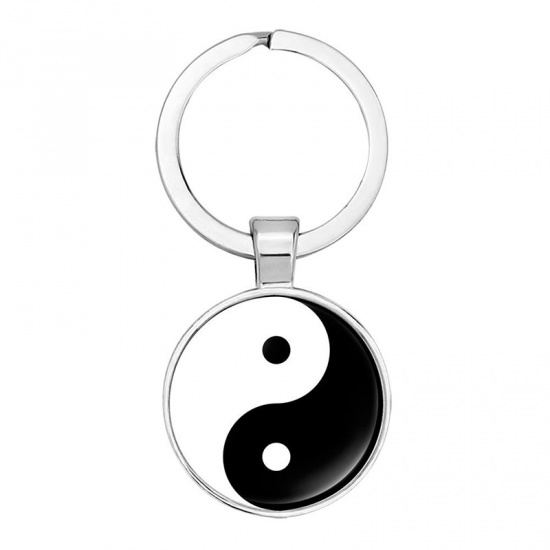 Picture of Zinc Based Alloy & Glass Keychain & Keyring Silver Tone Black & White Round Yin Yang Symbol 5.3cm, 1 Piece