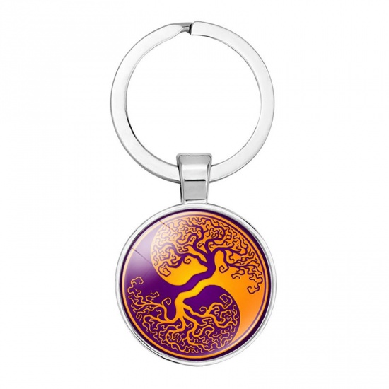 Bild von Zinklegierung & Glas Schlüsselkette & Schlüsselring Silberfarbe Orange Baum Yin Yang Symbol 5.3cm, 1 Stück