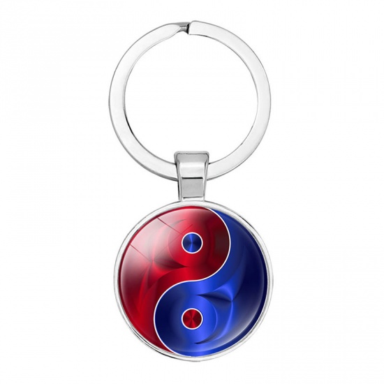 Picture of Zinc Based Alloy & Glass Keychain & Keyring Silver Tone Red & Blue Round Yin Yang Symbol 5.3cm, 1 Piece
