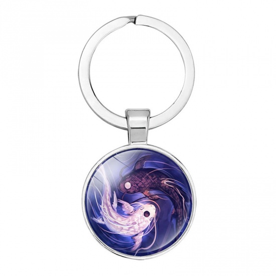 Picture of Zinc Based Alloy & Glass Keychain & Keyring Silver Tone Purple Fish Animal Yin Yang Symbol 5.3cm, 1 Piece