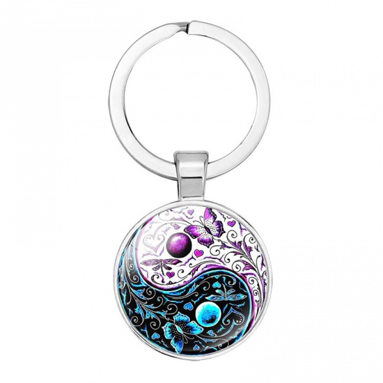 Bild von Zinklegierung & Glas Schlüsselkette & Schlüsselring Silberfarbe Violett & Grün Schmetterling Yin Yang Symbol 5.3cm, 1 Stück