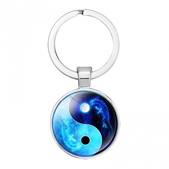 Bild von Zinklegierung & Glas Schlüsselkette & Schlüsselring Silberfarbe Blau Drache Yin Yang Symbol 5.3cm, 1 Stück