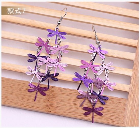 Picture of Copper Earrings Purple Dragonfly Animal 60mm x 28mm, 1 Pair