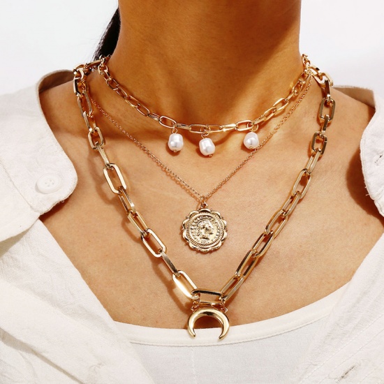 Picture of Multilayer Layered Paperclip Chains Necklace Gold Plated White Round Moon Imitation Pearl 35.9cm(14 1/8") long, 1 Piece
