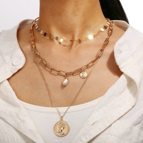 Picture of Multilayer Layered Paperclip Chains Necklace Gold Plated White Round Head Portrait Imitation Pearl 37.3cm(14 5/8") long, 1 Piece