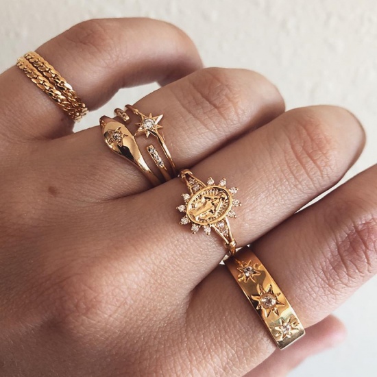 Picture of Knuckle Band Midi Rings Gold Plated Star Of David Hexagram Virgin Mary Clear Rhinestone 18.1mm(US Size 8) - 15.7mm(US Size 5), 1 Set ( 7 PCs/Set)