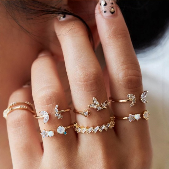 Picture of Boho Chic Bohemia Knuckle Band Midi Rings Gold Plated Butterfly Animal Flower Clear Rhinestone Open 17mm(US Size 6.5) - 14mm(US Size 2.75), 1 Set ( 7 PCs/Set)