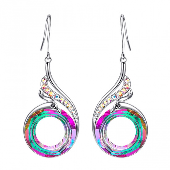 Picture of Copper Earrings Silver Tone Peacock Animal Multicolor Rhinestone 40mm x 15mm, 1 Pair