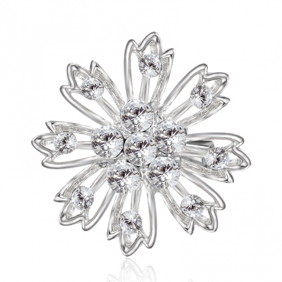 Immagine di Spilla Fiore Tono Argento Trasparente Strass 30mm x 30mm, 1 Pz