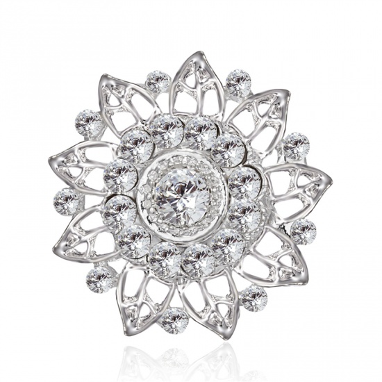 Immagine di Spilla Fiore Tono Argento Trasparente Strass 30mm x 30mm, 1 Pz