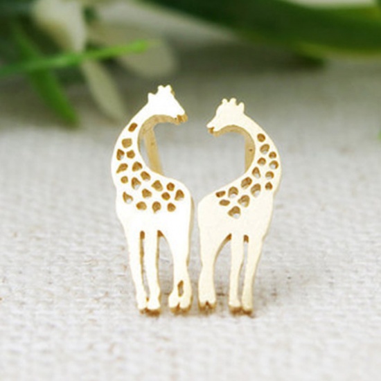 Picture of Ear Post Stud Earrings Gold Plated Giraffe Animal 15mm x 5mm, 1 Pair