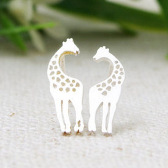 Picture of Ear Post Stud Earrings Silver Tone Giraffe Animal 15mm x 5mm, 1 Pair