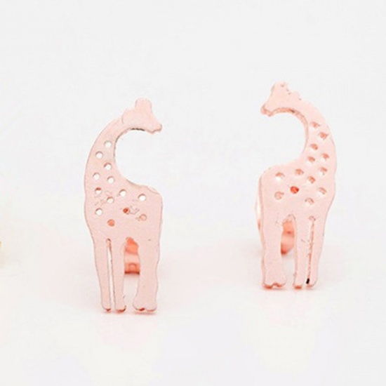 Picture of Ear Post Stud Earrings Rose Gold Giraffe Animal 15mm x 5mm, 1 Pair
