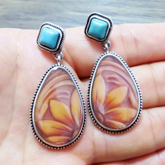 Picture of Vintage Retro Earrings Antique Silver Color Brown Yellow Oval Flower 4.7cm x 2.1cm, 1 Pair