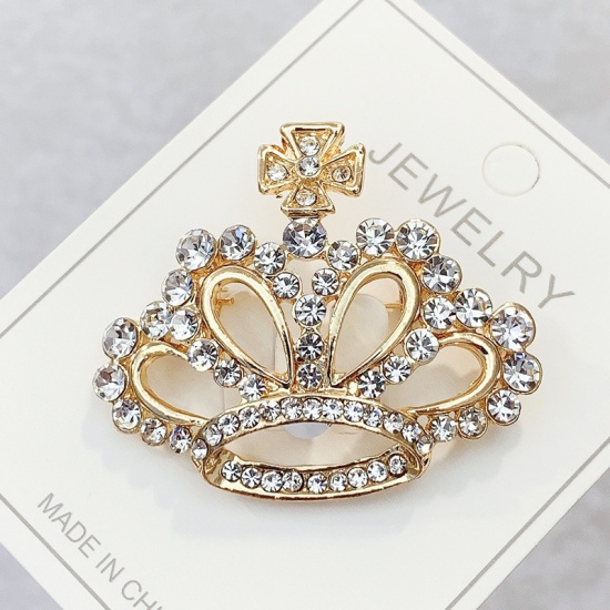 Picture of Pin Brooches Crown Gold Plated Clear Rhinestone 43mm x 39mm, 1 Piece