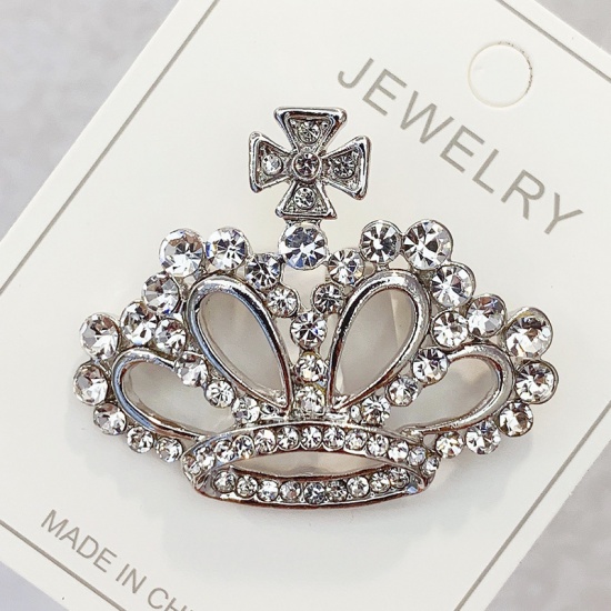 Picture of Pin Brooches Crown Silver Tone Clear Rhinestone 43mm x 39mm, 1 Piece