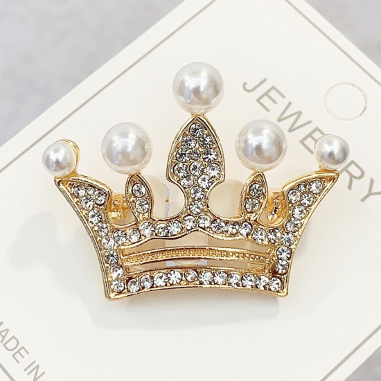 Picture of Pin Brooches Crown Gold Plated White Imitation Pearl Clear Rhinestone 41mm x 31mm, 1 Piece