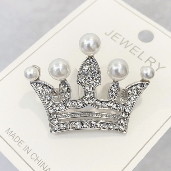Picture of Pin Brooches Crown Silver Tone White Imitation Pearl Clear Rhinestone 41mm x 31mm, 1 Piece