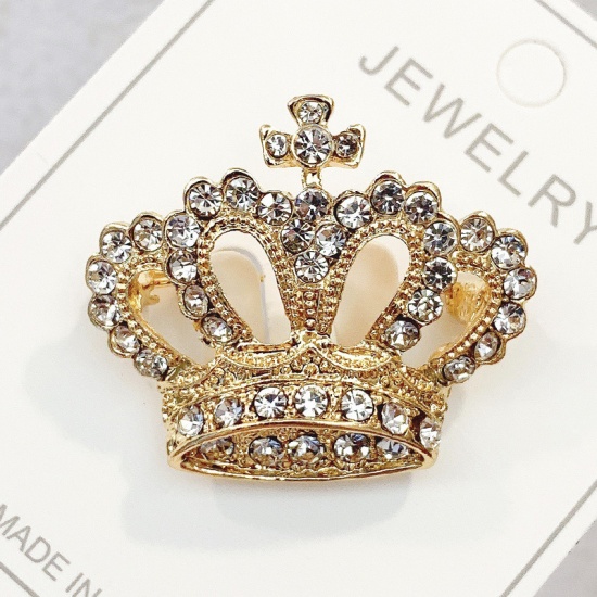 Picture of Pin Brooches Crown Gold Plated Clear Rhinestone 36mm x 31mm, 1 Piece