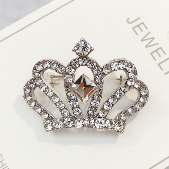 Picture of Pin Brooches Crown Silver Tone Clear Rhinestone 32mm x 25mm, 1 Piece