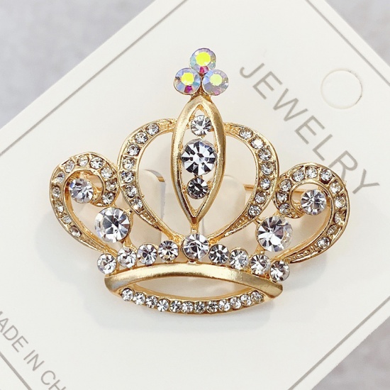 Picture of Pin Brooches Crown Gold Plated AB Color Clear Rhinestone 41mm x 36mm, 1 Piece