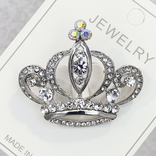Picture of Pin Brooches Crown Silver Tone AB Color Clear Rhinestone 41mm x 36mm, 1 Piece